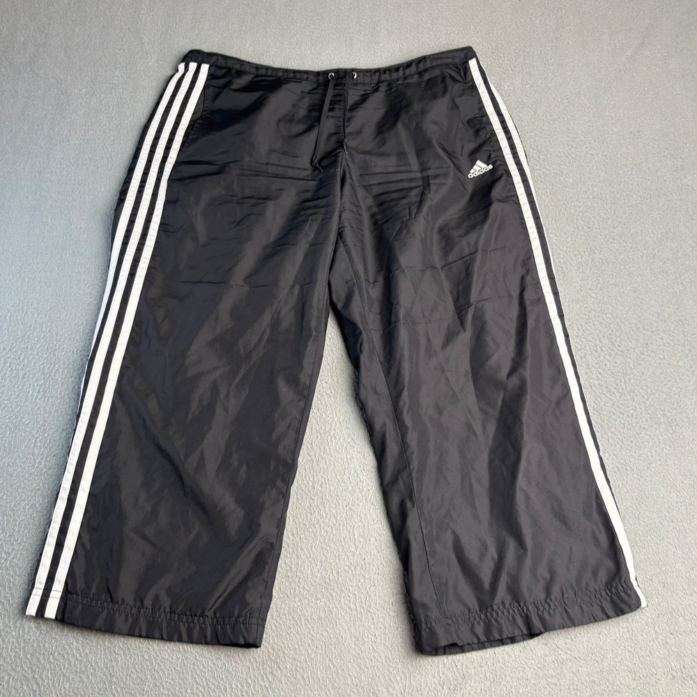 Adidas Womens Black Nylon 3 Stripe Cropped Track Pants Capri Mesh Lined Large